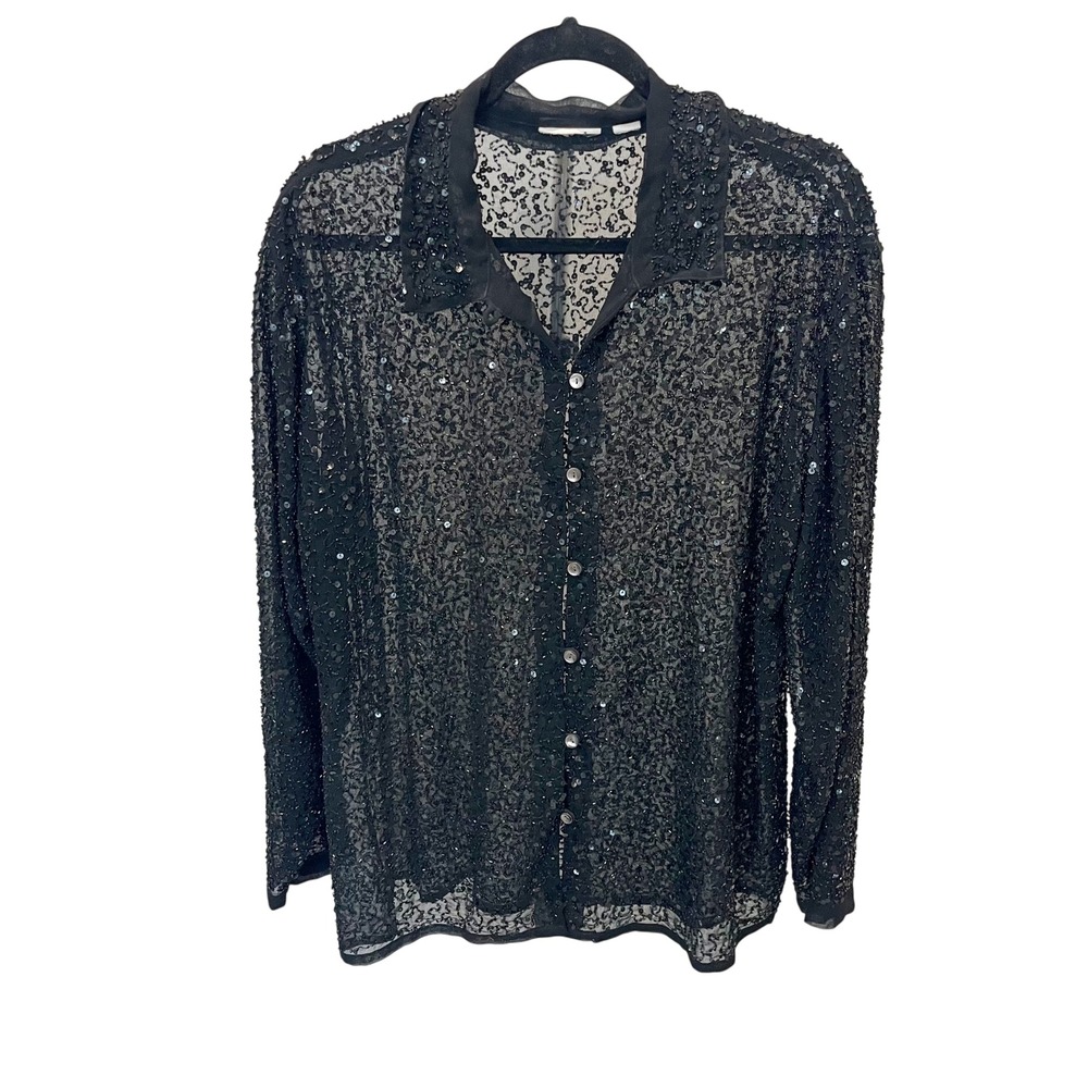 Vintage Sheer Black Sequin Beaded Button Down Blouse Long Sleeve Party Top LARGE